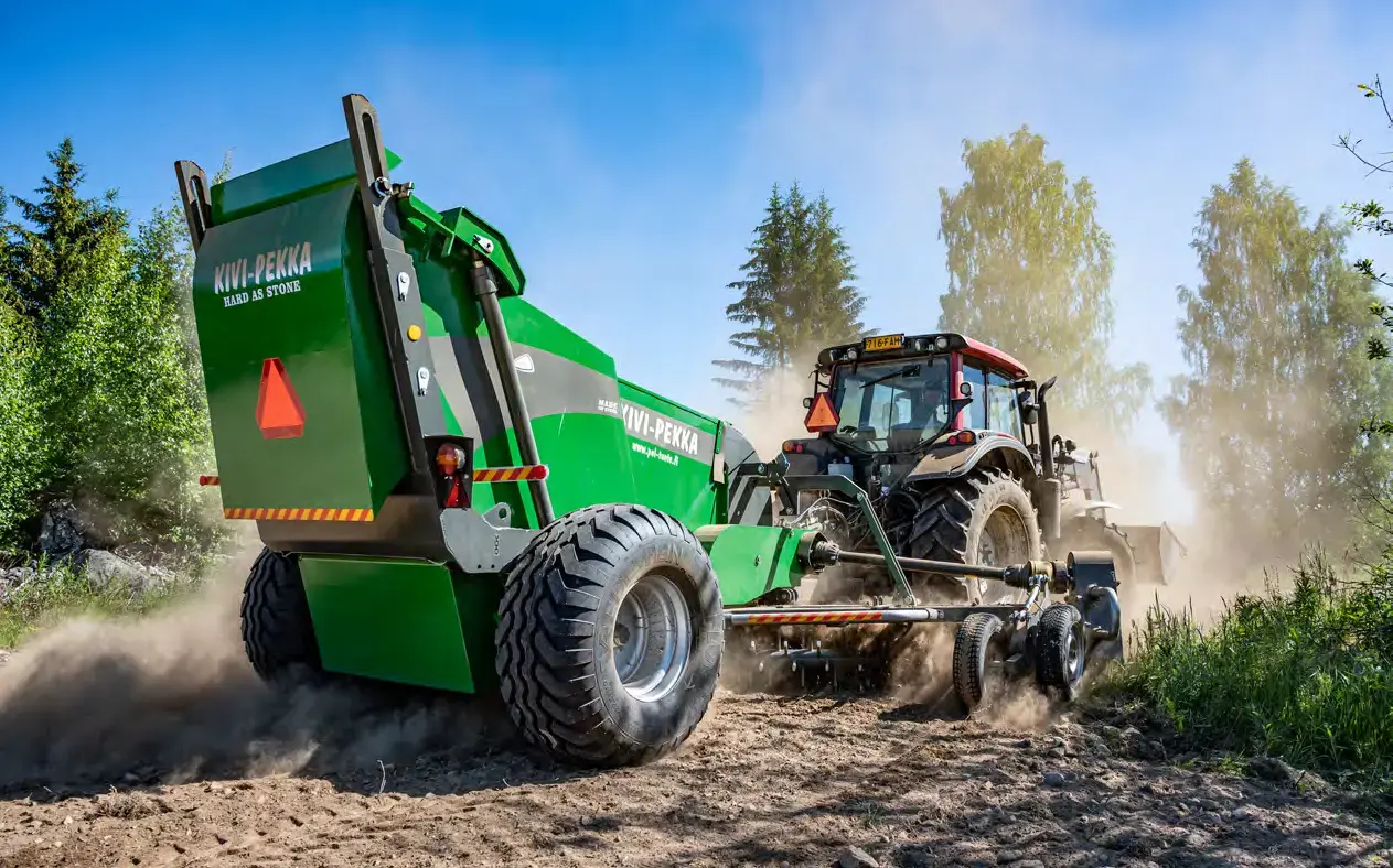 Kivi-Pekka 4, 5 and 6 metre stone picker range in operation