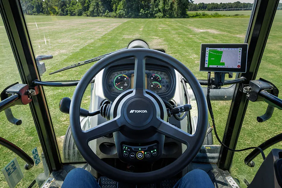 Topcon guidance display in a tractor cab